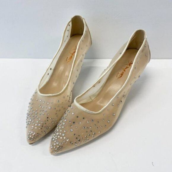 XYD Women Mid Kitten Heels Pumps Rhinestones Mesh Slip On Pointed Toe Evening Dr - Picture 3 of 7